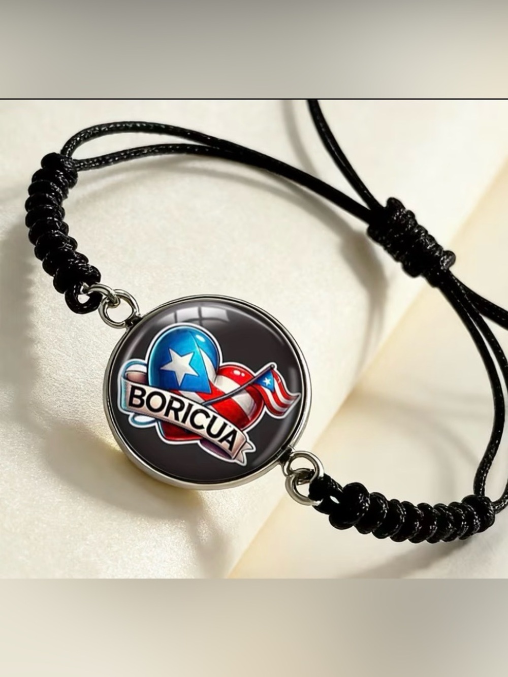 Boricua Puerto Rico Heart Pendant Bracelet - Black Cord